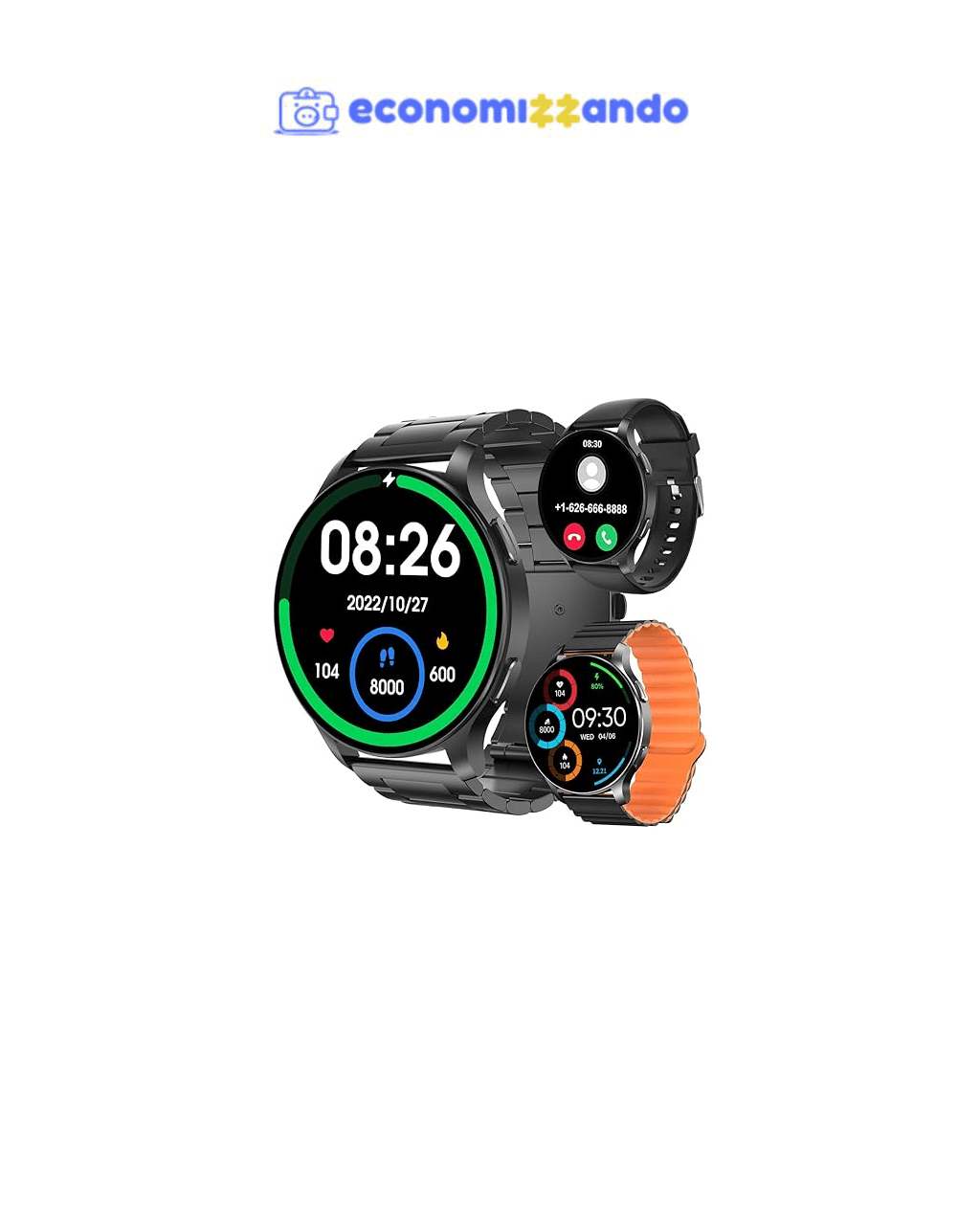 Smartwatch com Tela Full Touch 1.45", IP68, Compatível com iOS e Android, 120  Modos Esportivos e Recebimento de Notificações, Faz e Recebe Ligações, Assistente de Voz, Unissex, 3 Pulseiras (Preto)