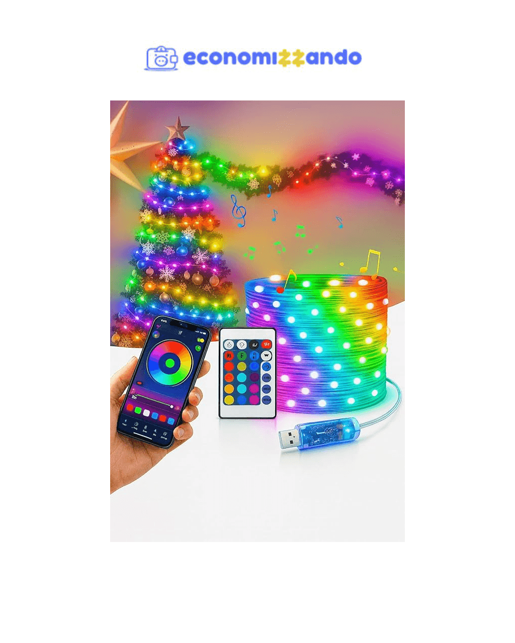 Pisca Pisca Natal Smart 10m 100 Leds Bluetooth | Controle Remoto e App Celular | 6 Funções Piscantes USB Prova d’Água IP68 – Decoração Natal Festa