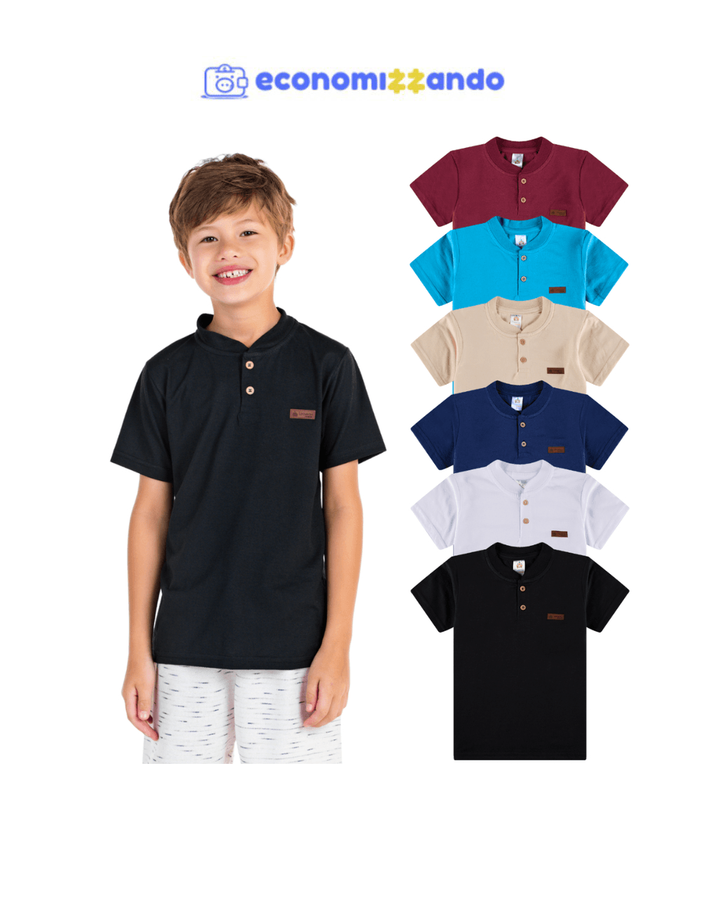 Kit Sortido 3 Camisetas Gola Padre Henley Bebê Menino - Elegância e Conforto (dos 2  aos 10 anos )