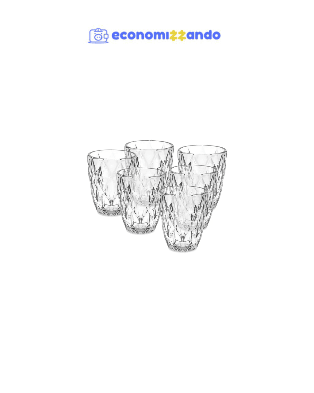 Jogo 6 Copos Baixos Diamond 300ml Vidro Grosso Diamante Luxo