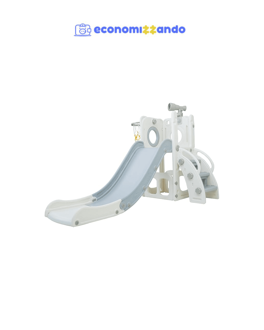 Freso Baby Playground Infantil 4x1 Mini Mundo Grey 1 Torre, Para Crianças de 1 a 4 anos, Compacto e Fácil Montagem, com Escorregador, Cesta de Basquete e Bola, Escalada, Luneta