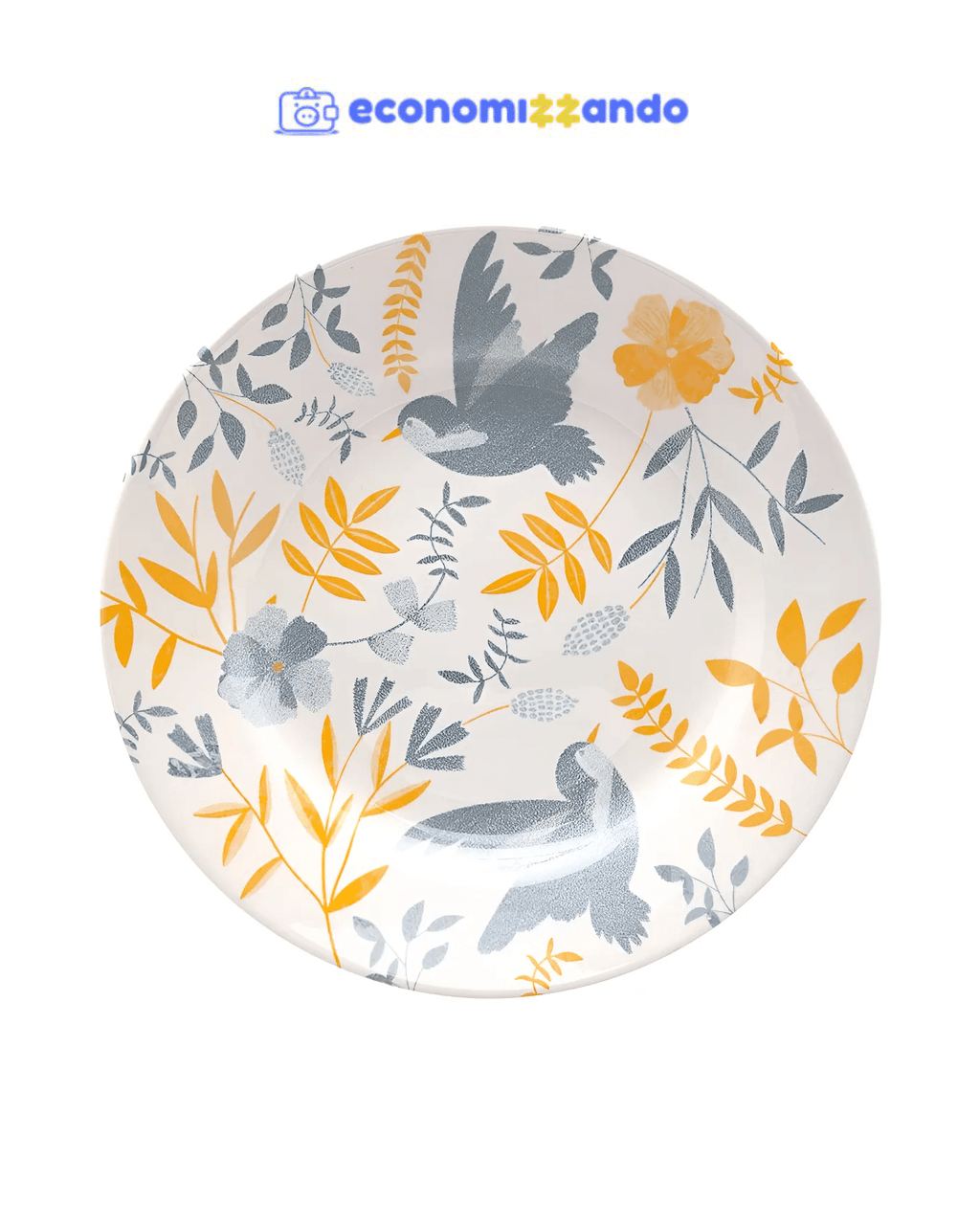 Jogo 6 Prato De Sobremesa 18 Cm Bem Te Vi Bionna Cor Cinza, Amarelo e Off White Florido pássaros