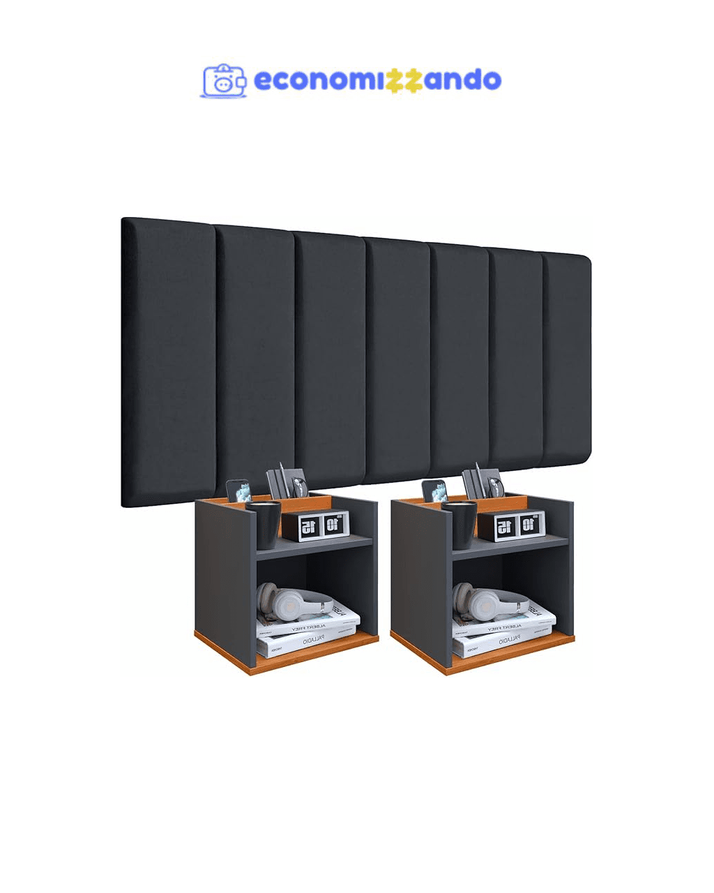 Conjunto Cabeceira Casal Modulada140cm com Kit de Mesa de Cabeceira Suspenso com Porta Celular (Cinza - Cinza/Cinamomo)