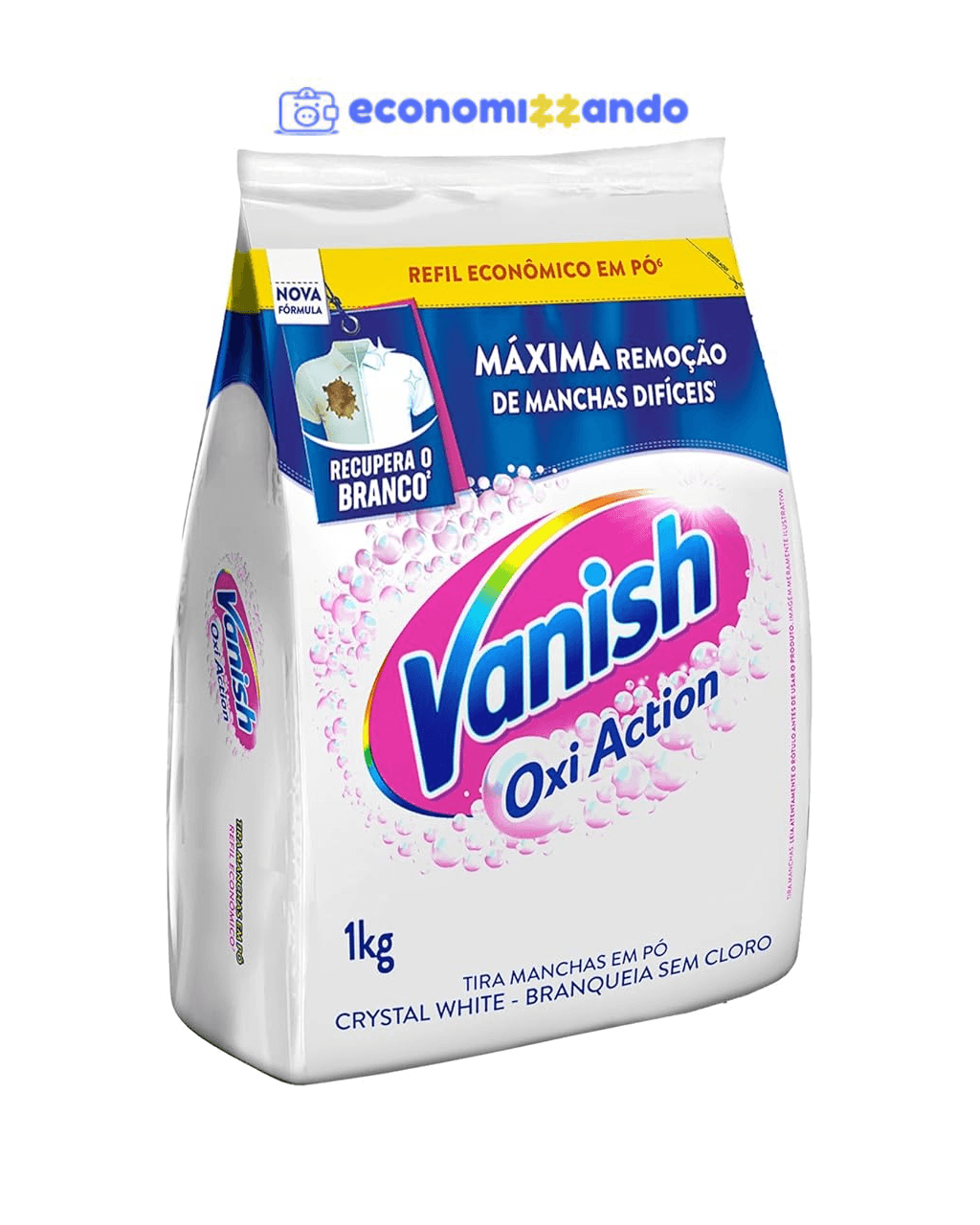 Vanish Oxi Action - Tira Manchas Em Pó, Crystal White, Refil Econômico para roupas brancas, 1 Kg