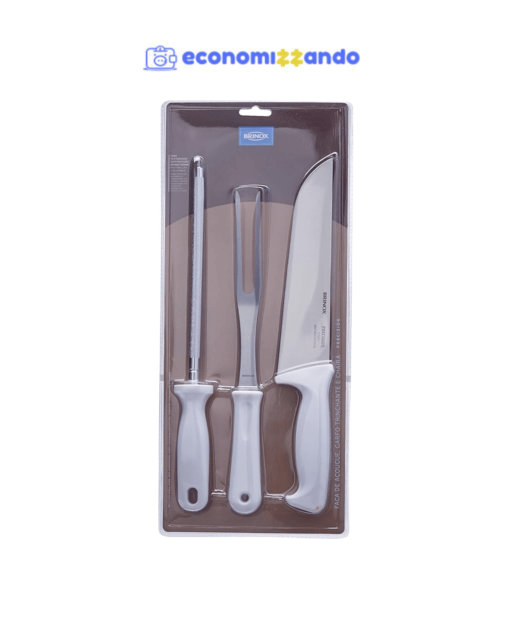 Kit Churrasco Brinox 3 peças, faca, garfo trinchante e chaira, Linha Precision, Branco