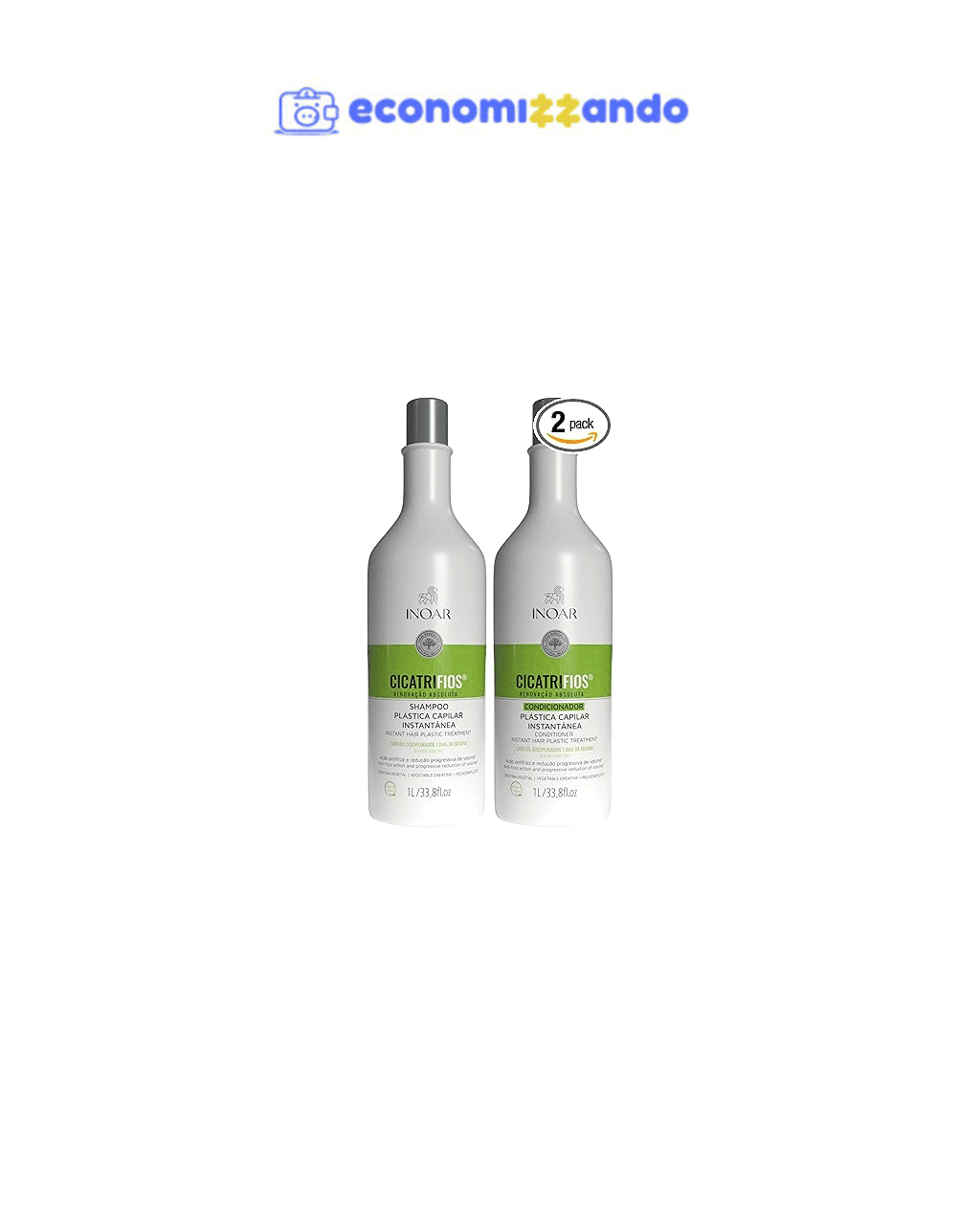 Inoar, Kit CicatriFios Plástica Capilar – Shampoo e Condicionador 2x1L, Redução de Frizz, Brilho Intenso, Hidratação Profunda, Proteção Térmica e Volume Controlado