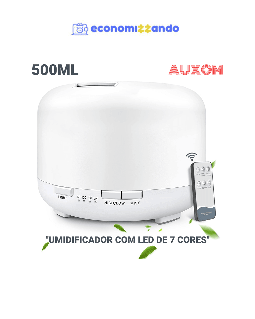 500ML Umidificador Difusor Aromatizador Luz LED De 7 Cores Com Controle Remoto
