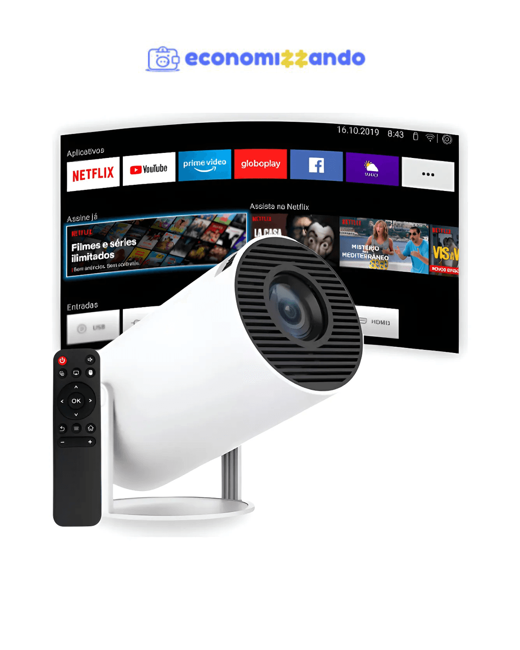 Projetor Smart Portátil Full Hd 4k Bluetooth Wifi Cor Branco Android 11.0 5g TV Cinema em Casa Imagem Nítida Compatível Com Diversos Dispositivos Hy300 Vlx