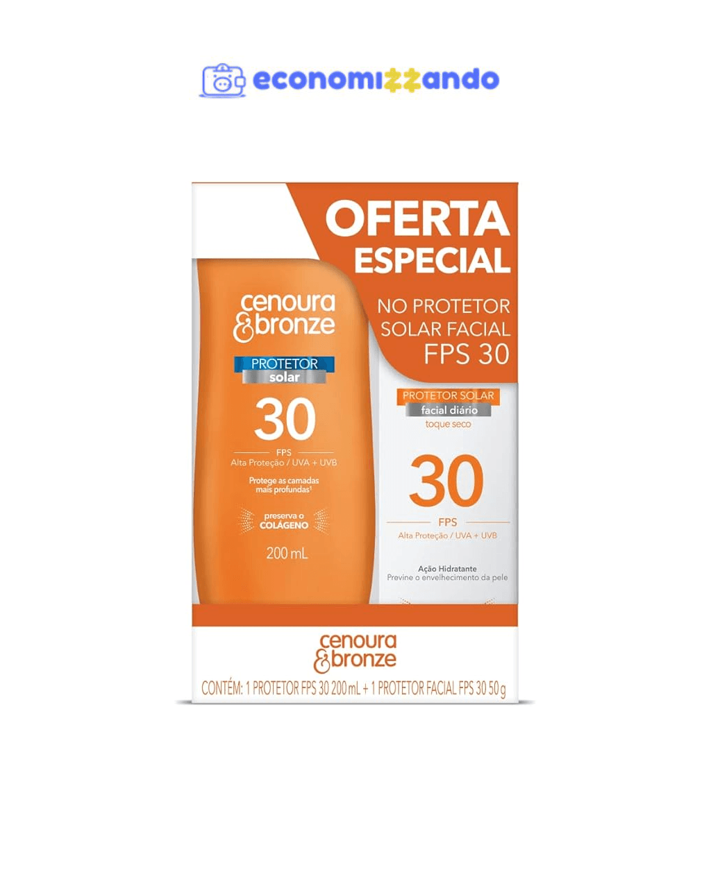 Cenoura e Bronze Kit Protetor Solar Corpo FPS 30 200ml   Facial FPS 30 50g, Cor: Branco