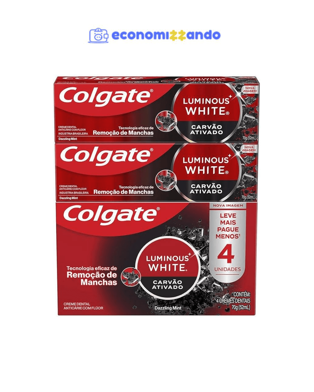 Colgate Creme Dental Clareador Luminous White Carvão Ativado 70g 4 unidades