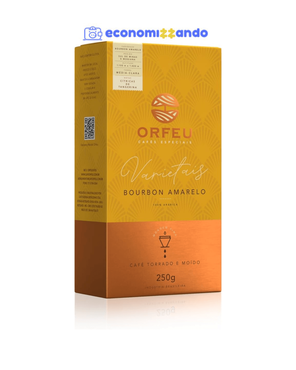 Orfeu Café Bourbon Amarelo Torrado e Moído, 100% Arabica, Torra Média Clara, 250g