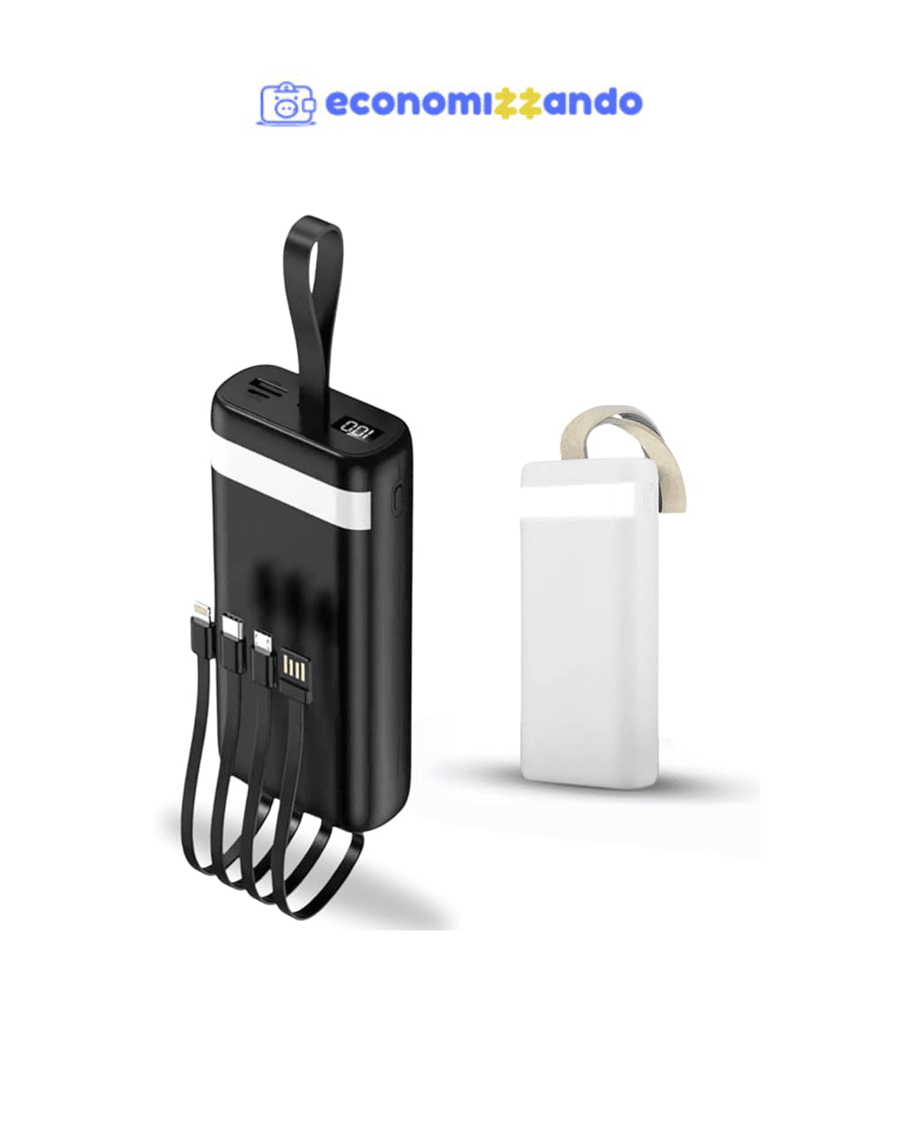 Carregador Portátil Power Bank 20000 mAh Turbo Carregamento Rápido 3.1A, Powerbank com 4 cabos Integrados (USB-C, USB, Lightning) Led Bateria, Lanterna. Compatível com Android e IOS - Premium (Preto)
