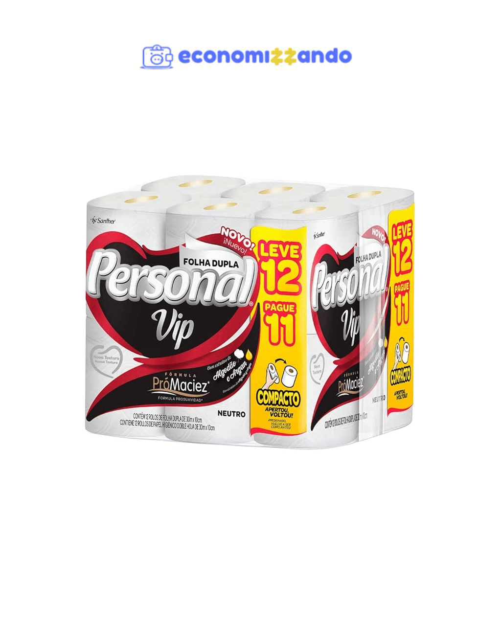 Personal VIP - Papel Higiênico, Folha Dupla, 12 unidades (Mín. 2 Un.)