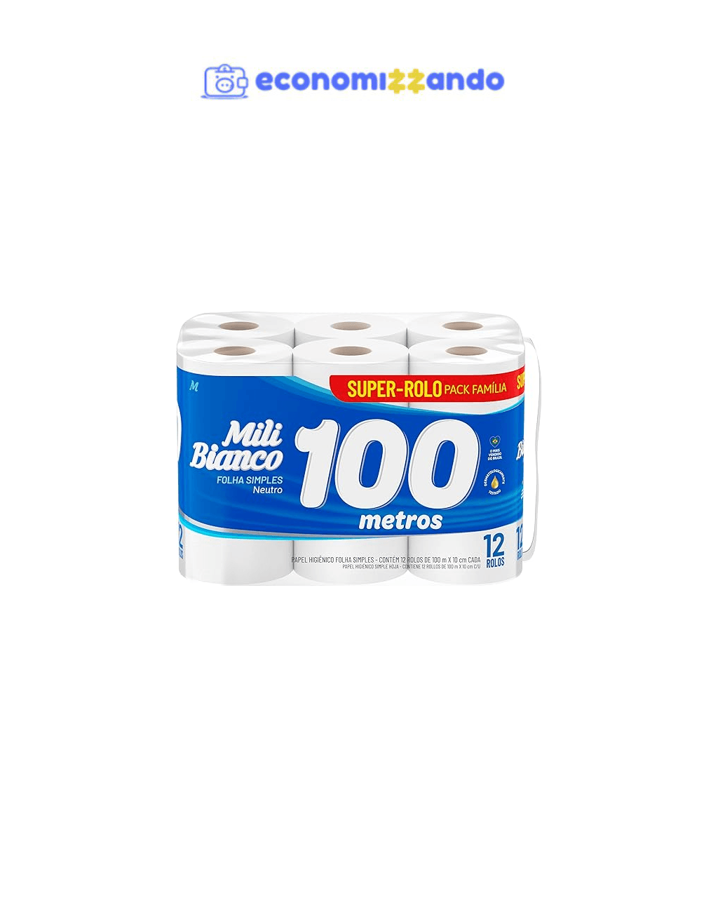 Mili Bianco Papel Higiênico 100m Folha Simples Neutro - 12 rolos