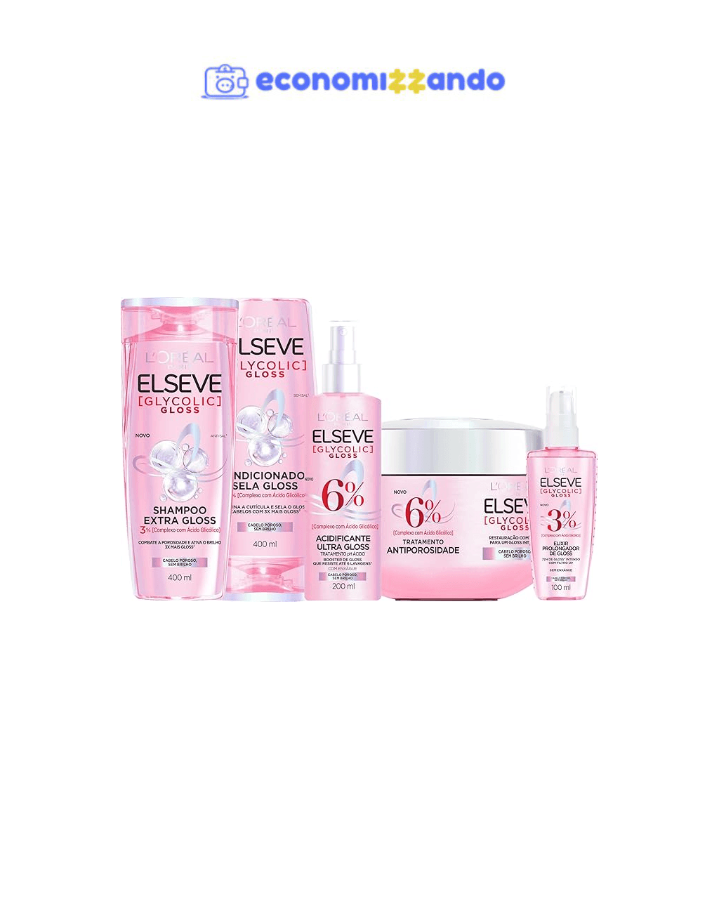 Kit Glycolic Gloss Shampoo+Condicionador+Acidificante+Creme de Tratamento+Sérum