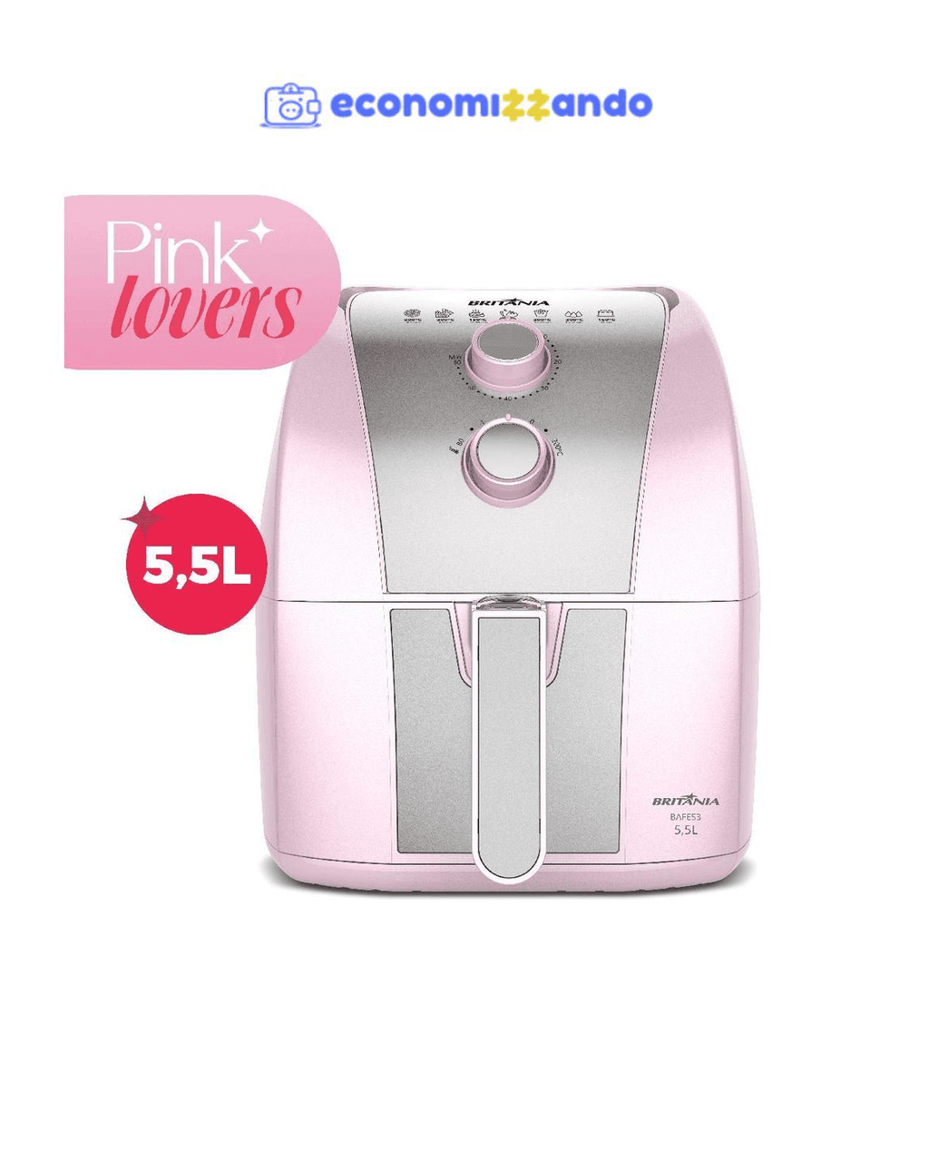 Air Fryer Rosa Britânia 5,5L Cesto Pinkstone 1500W BAFE53