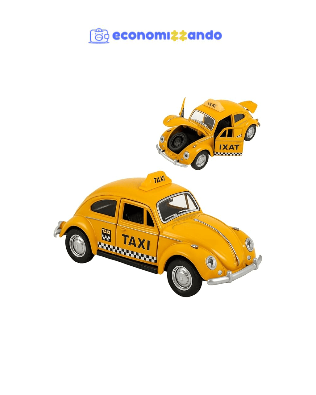 Miniatura Fusquinha Táxi Amarelo, Carro Colecionável em Metal, 12cm, com Portas que Abrem