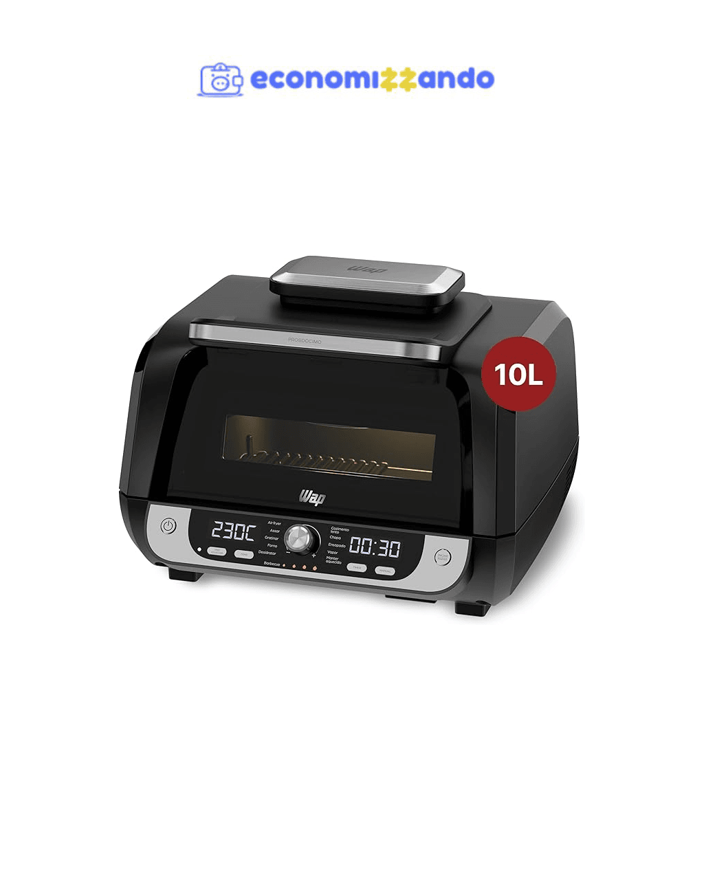 WAP Fritadeira Elétrica Air Fryer Barbecue Digital 12 em 1, 10 Litros, 4 Níveis de Temperatura, Antiaderente, 1800W