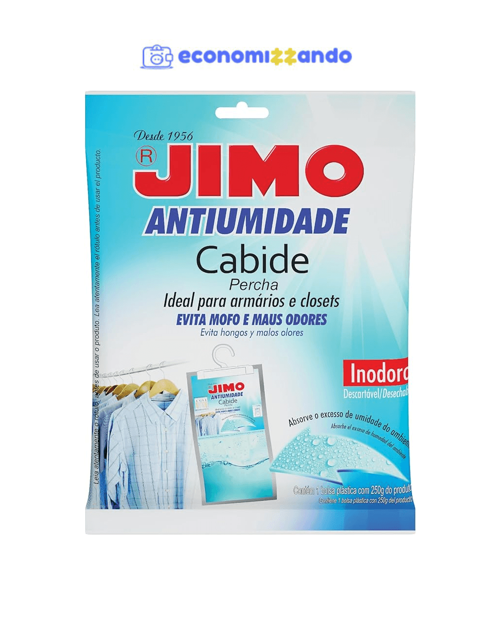 Jimo Cabide Antiumidade Absorve Excesso Umidade Ar Prevenção Mofo Mau Cheiro Manchas Corrosão Ideal Ambientes Fechados Formato Cabide 250g